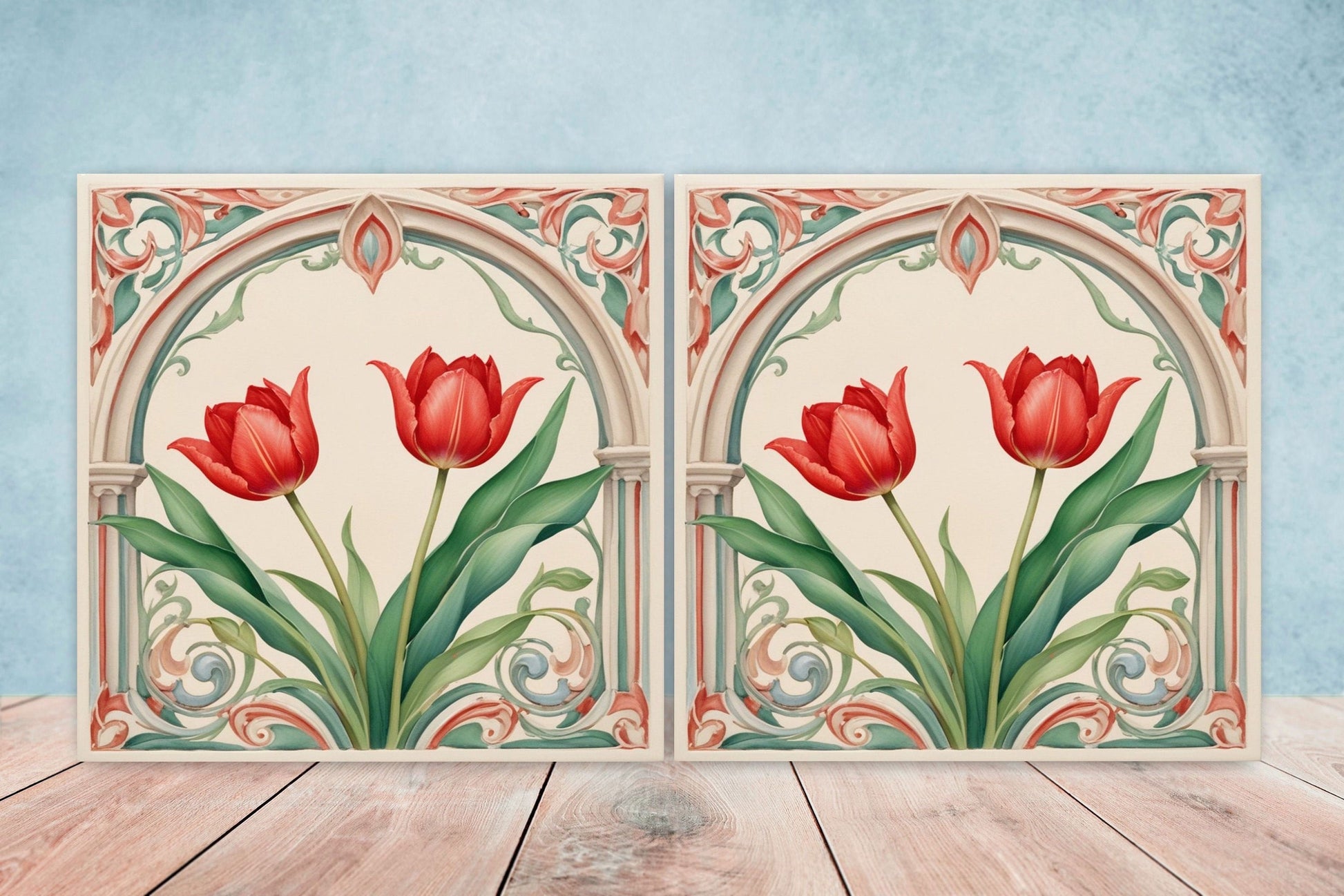 Art Nouveau Flower Ceramic Tiles - Set of 2 Art Nouveau Wall Decor Tiles - Kitchen Backsplash Tiles, Table Decorative Tiles, Bathroom Tiles