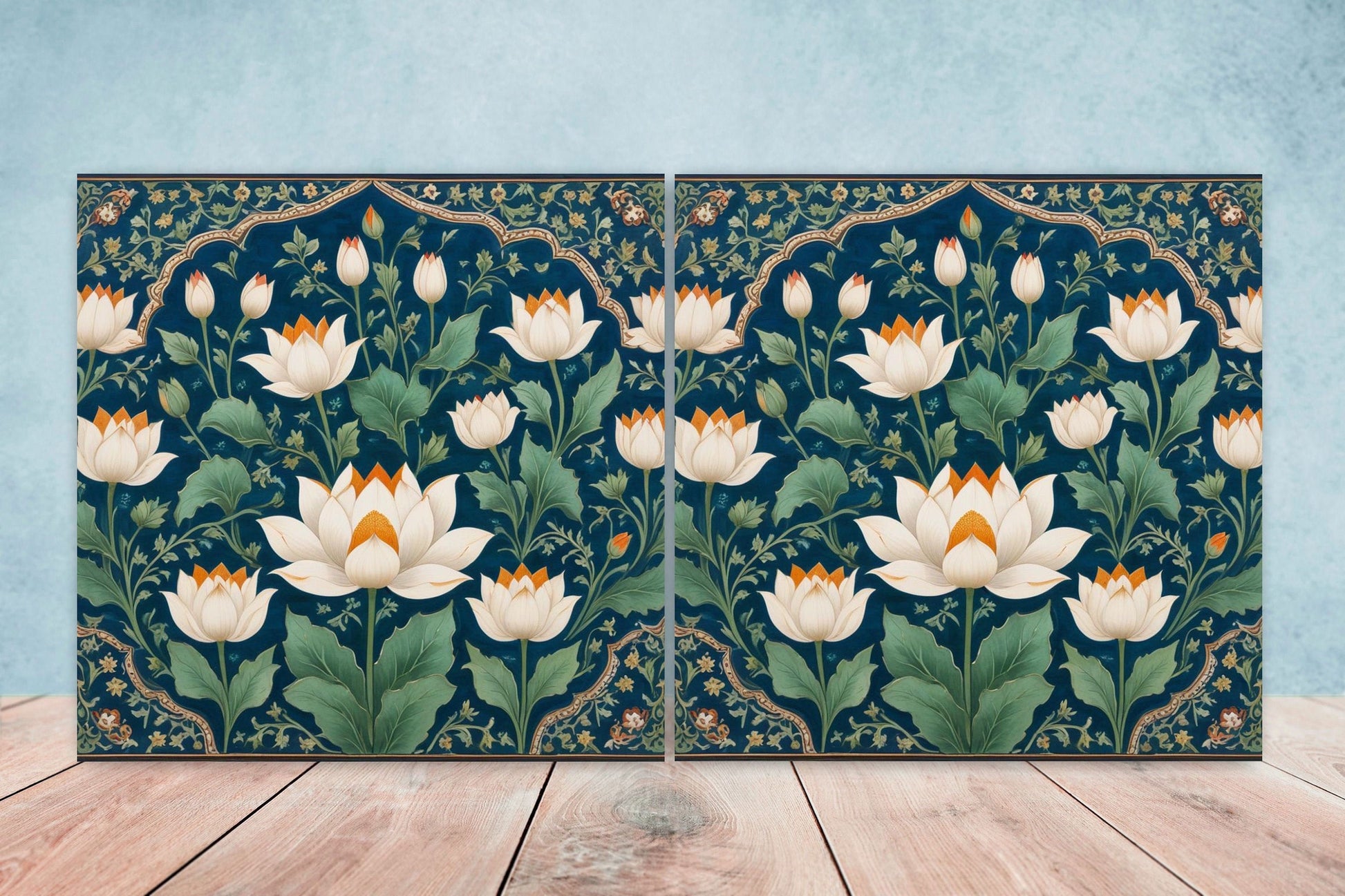 Flower Ceramic Gloss Wall Tiles Set of 2 - Lotus Wall Art Print - Indian Mughal art - Floral Home Decor - Lotus print - Mughal Wall Art
