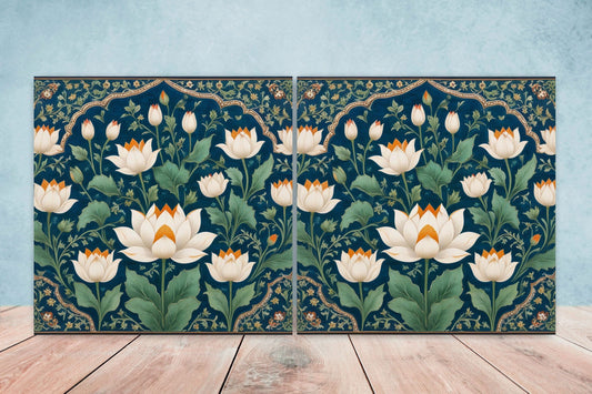 Flower Ceramic Gloss Wall Tiles Set of 2 - Lotus Wall Art Print - Indian Mughal art - Floral Home Decor - Lotus print - Mughal Wall Art