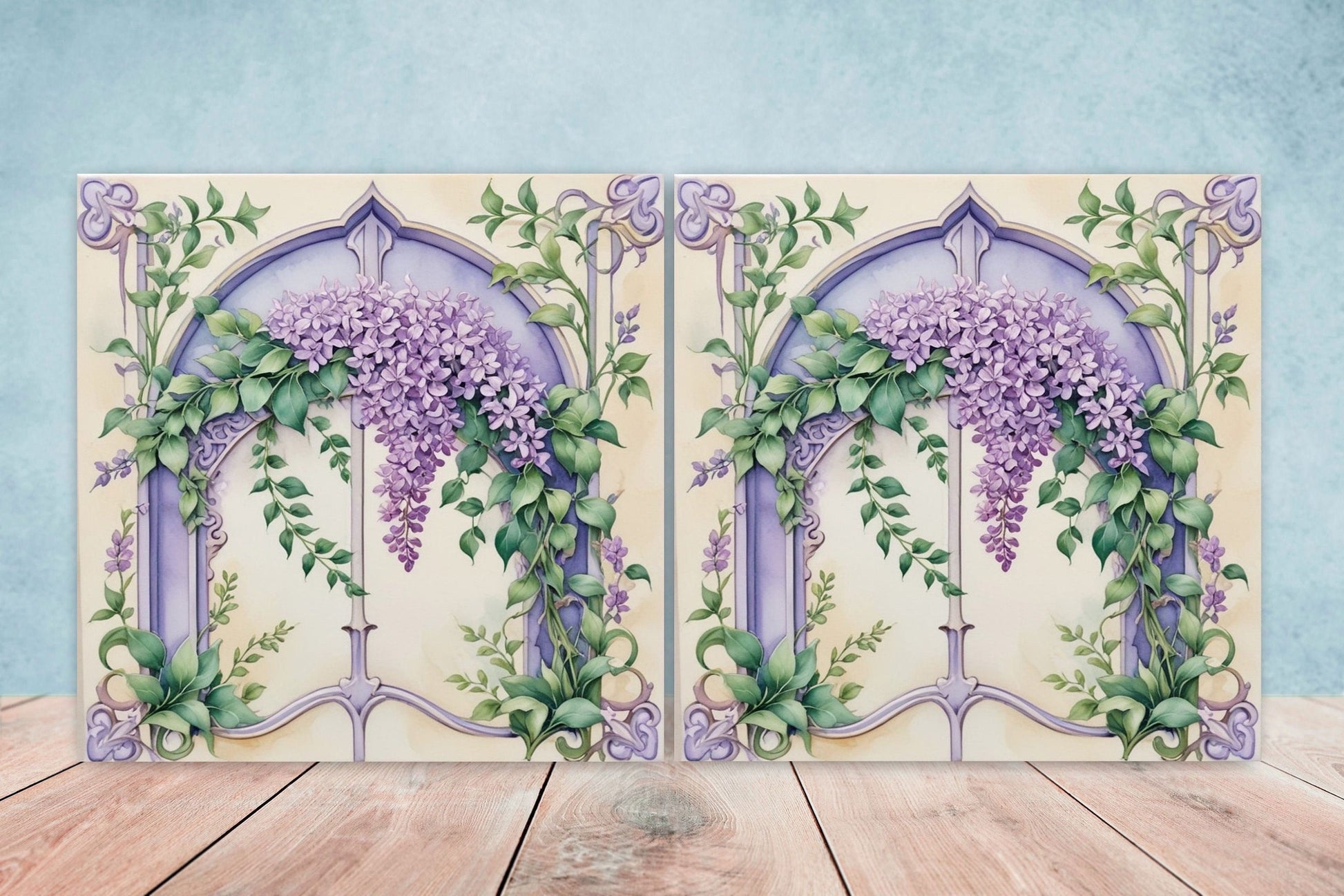 Art Nouveau Flower Ceramic Tiles - Set of 2 Art Nouveau Wall Decor Tiles - Kitchen Backsplash Tiles, Table Decorative Tiles, Bathroom Tiles