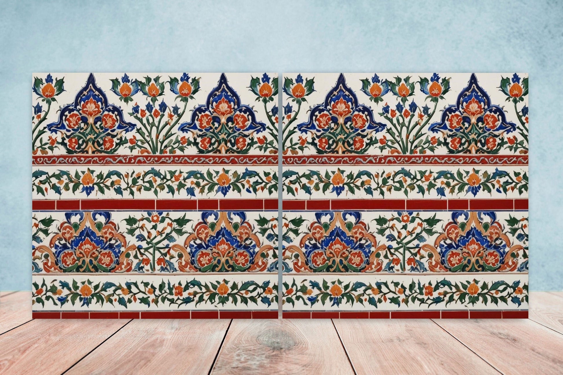 Flower Ceramic Gloss Wall Tiles Set of 2 - Botanical Wall Art Print - Indian Mughal art - Floral Home Decor - Botanical print - Mughal Wall