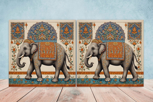 Indian Elephant Ceramic Gloss Wall Tiles Set of 2 - Elephant Wall Art Print - Elephant Mughal art - Elephant Home Decor - Elephant print
