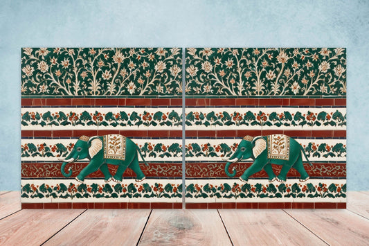 Indian Elephant Ceramic Gloss Wall Tiles Set of 2 - Elephant Wall Art Print - Elephant Mughal art - Elephant Home Decor - Elephant print