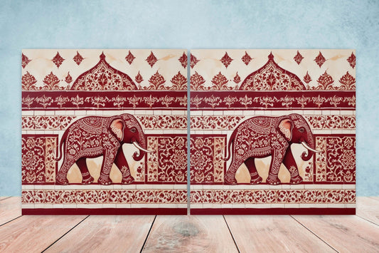 Indian Elephant Ceramic Gloss Wall Tiles Set of 2 - Elephant Wall Art Print - Elephant Mughal art - Elephant Home Decor - Elephant print