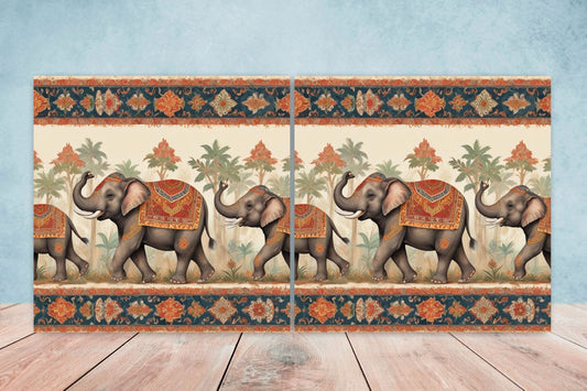 Indian Elephant Ceramic Gloss Wall Tiles Set of 2 - Elephant Wall Art Print - Elephant Mughal art - Elephant Home Decor - Elephant print
