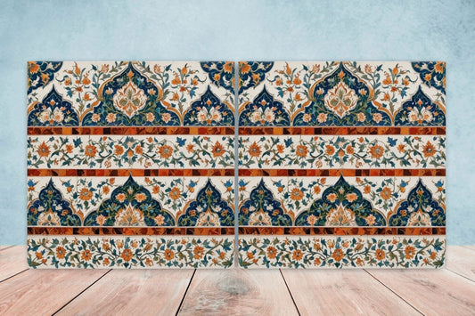 Flower Ceramic Gloss Wall Tiles Set of 2 - Botanical Wall Art Print - Indian Mughal art - Floral Home Decor - Botanical print - Mughal Wall