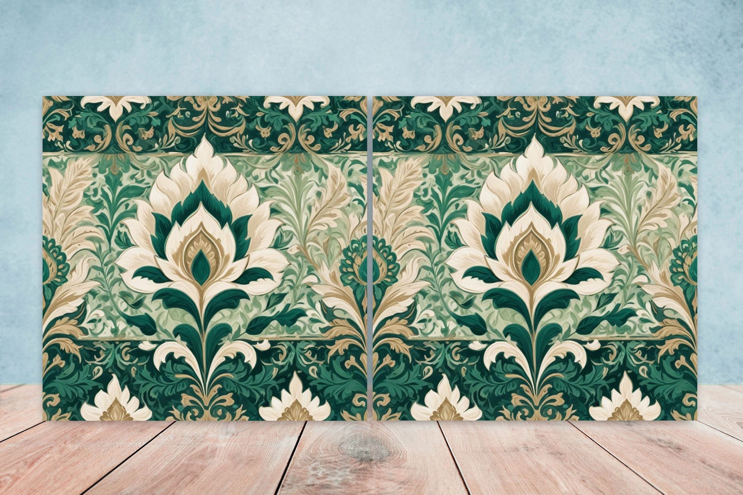Flower Ceramic Gloss Wall Tiles Set of 2 - Botanical Wall Art Print - Indian Mughal art - Floral Home Decor - Botanical print - Mughal Wall