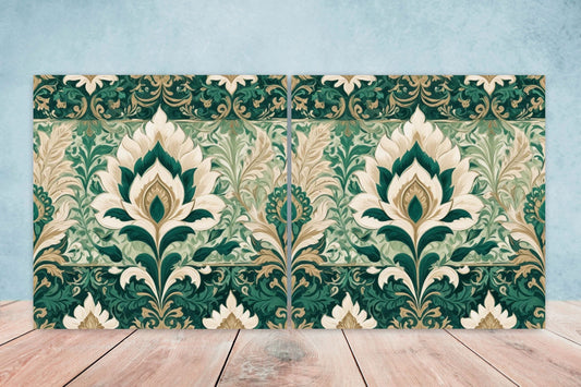 Flower Ceramic Gloss Wall Tiles Set of 2 - Botanical Wall Art Print - Indian Mughal art - Floral Home Decor - Botanical print - Mughal Wall