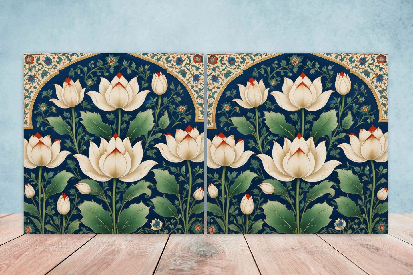 Flower Ceramic Gloss Wall Tiles Set of 2 - Lotus Wall Art Print - Indian Mughal art - Floral Home Decor - Lotus print - Mughal Wall Art