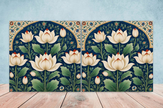 Flower Ceramic Gloss Wall Tiles Set of 2 - Lotus Wall Art Print - Indian Mughal art - Floral Home Decor - Lotus print - Mughal Wall Art