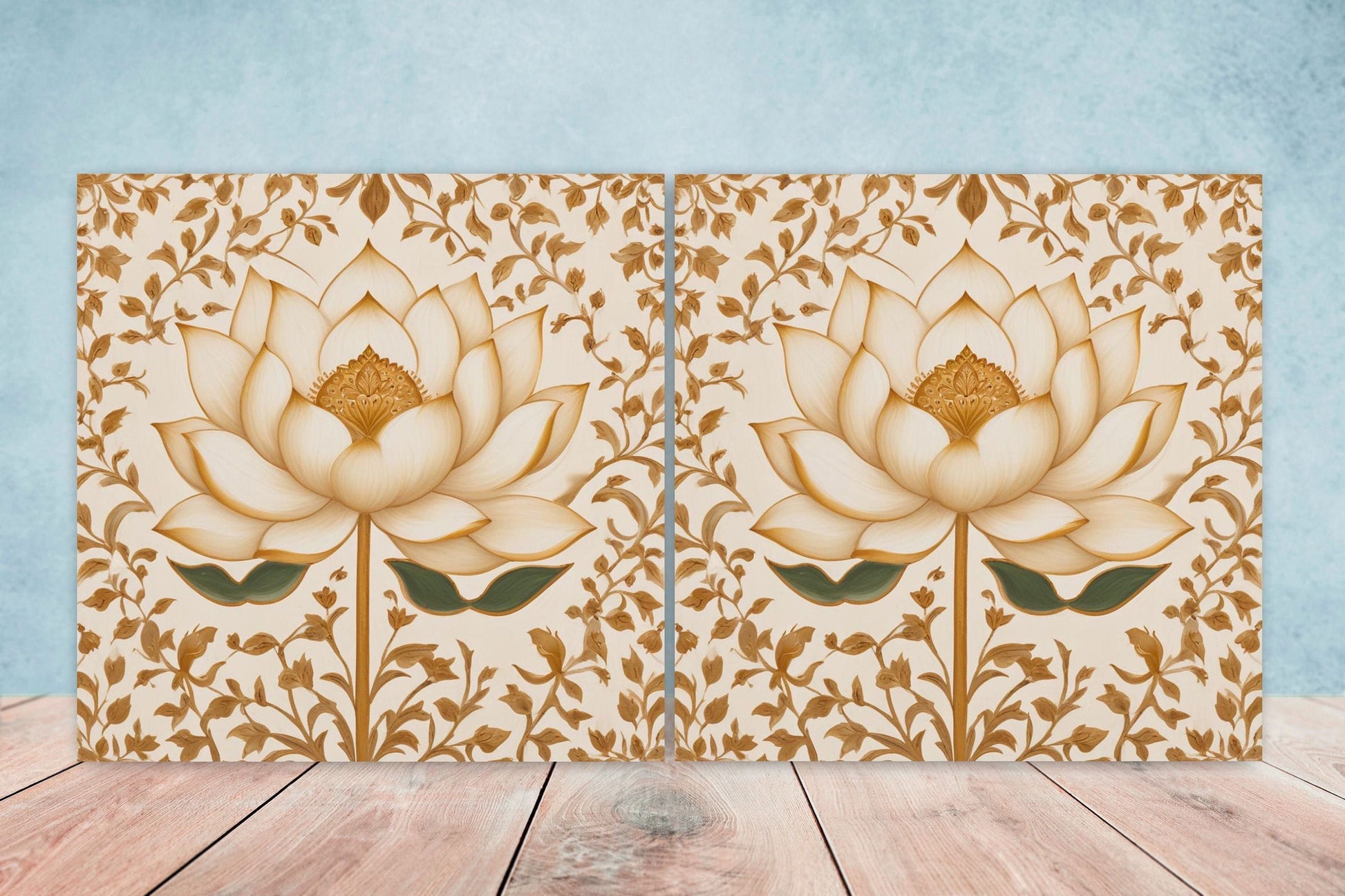 Flower Ceramic Gloss Wall Tiles Set of 2 - Lotus Wall Art Print - Indian Mughal art - Floral Home Decor - Lotus print - Mughal Wall Art