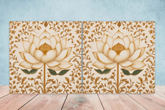 Flower Ceramic Gloss Wall Tiles Set of 2 - Lotus Wall Art Print - Indian Mughal art - Floral Home Decor - Lotus print - Mughal Wall Art