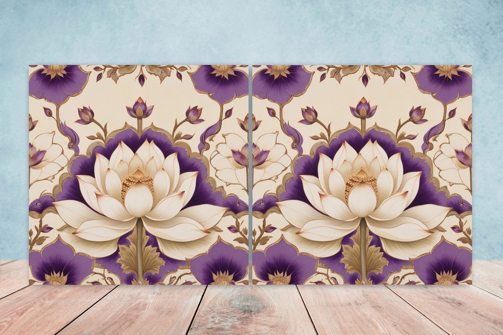Flower Ceramic Gloss Wall Tiles Set of 2 - Lotus Wall Art Print - Indian Mughal art - Floral Home Decor - Lotus print - Mughal Wall Art