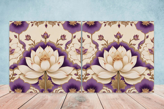 Flower Ceramic Gloss Wall Tiles Set of 2 - Lotus Wall Art Print - Indian Mughal art - Floral Home Decor - Lotus print - Mughal Wall Art