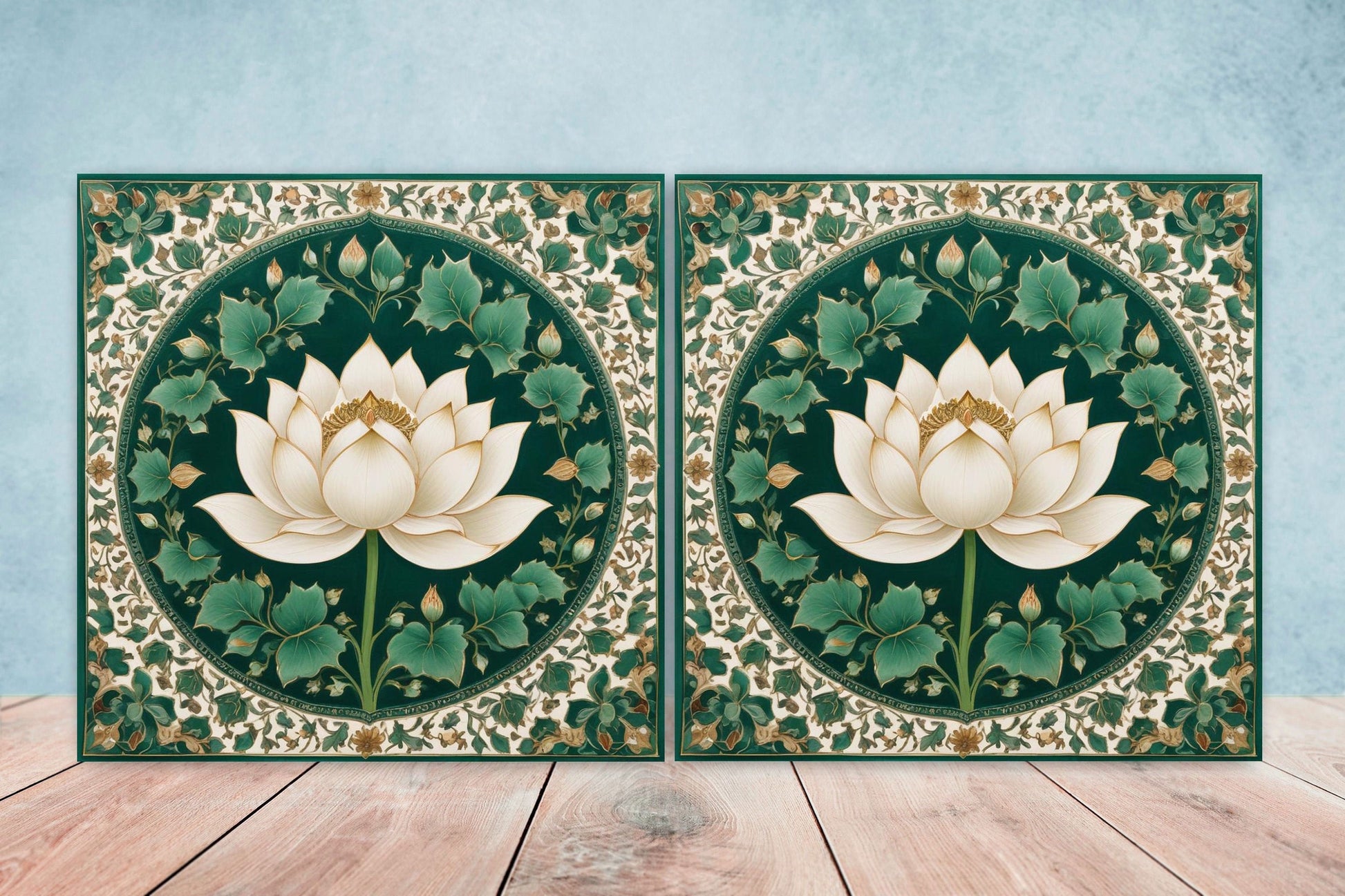 Flower Ceramic Gloss Wall Tiles Set of 2 - Lotus Wall Art Print - Indian Mughal art - Floral Home Decor - Lotus print - Mughal Wall Art