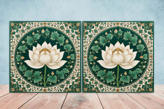 Flower Ceramic Gloss Wall Tiles Set of 2 - Lotus Wall Art Print - Indian Mughal art - Floral Home Decor - Lotus print - Mughal Wall Art