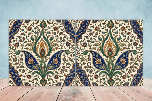 Flower Ceramic Gloss Wall Tiles Set of 2 - Botanical Wall Art Print - Indian Mughal art - Floral Home Decor - Botanical print - Mughal Wall