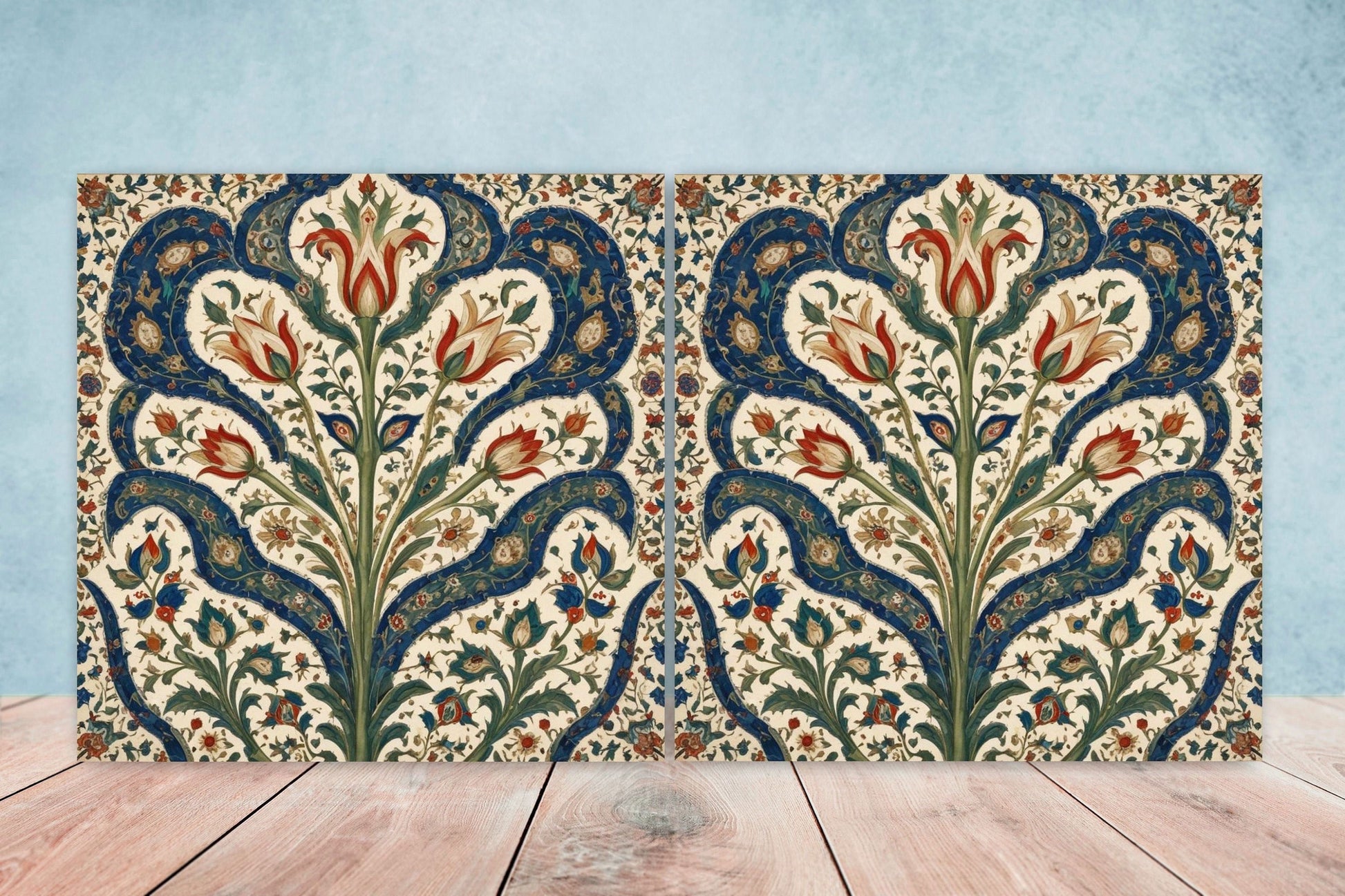 Flower Ceramic Gloss Wall Tiles Set of 2 - Botanical Wall Art Print - Indian Mughal art - Floral Home Decor - Botanical print - Mughal Wall