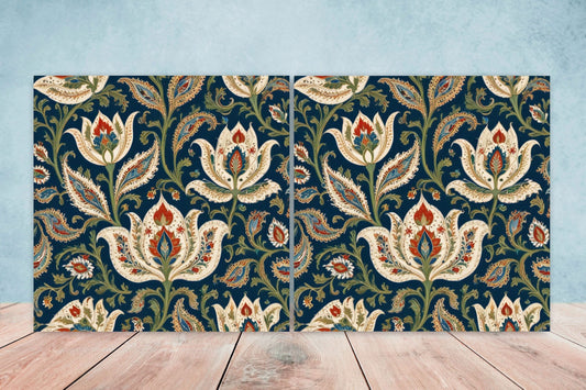 Flower Ceramic Gloss Wall Tiles Set of 2 - Botanical Wall Art Print - Indian Mughal art - Floral Home Decor - Botanical print - Mughal Wall