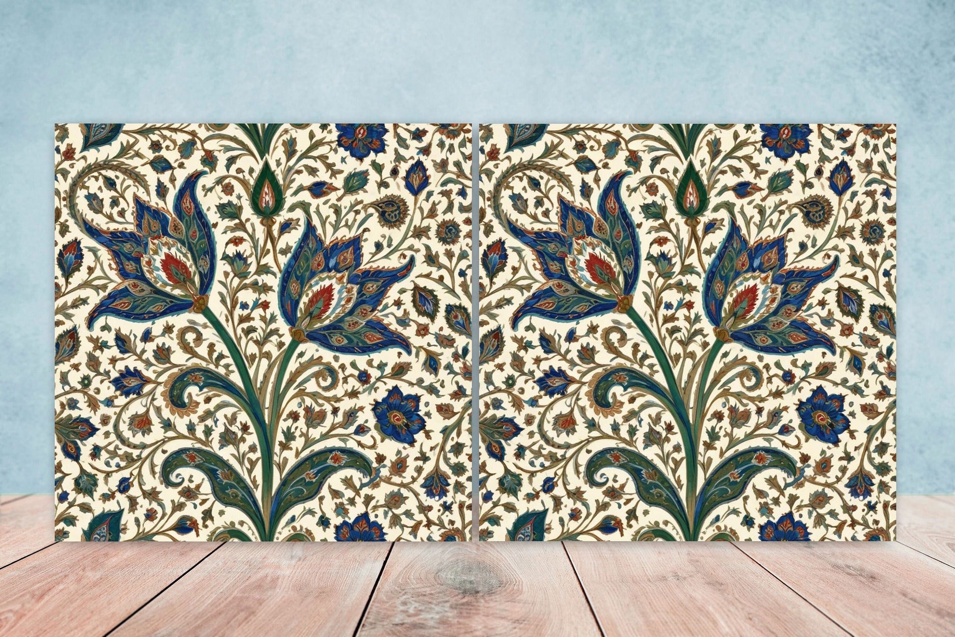 Flower Ceramic Gloss Wall Tiles Set of 2 - Botanical Wall Art Print - Indian Mughal art - Floral Home Decor - Botanical print - Mughal Wall