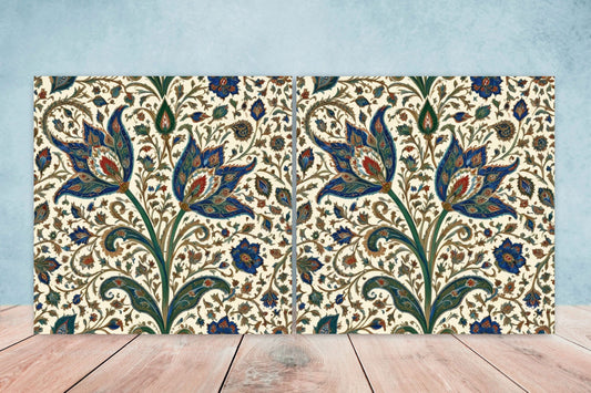 Flower Ceramic Gloss Wall Tiles Set of 2 - Botanical Wall Art Print - Indian Mughal art - Floral Home Decor - Botanical print - Mughal Wall
