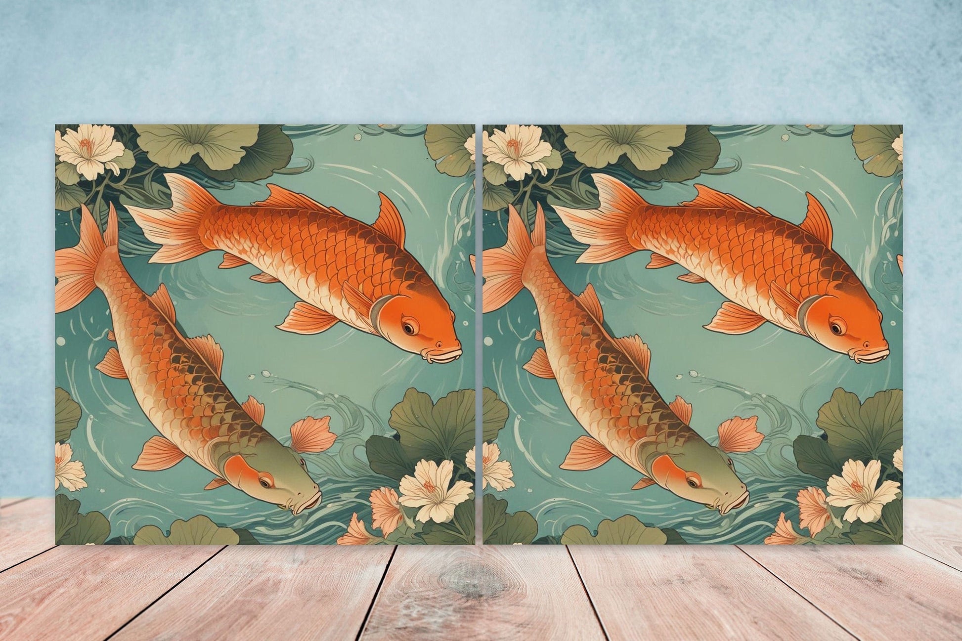 Koi Fish Ceramic Tile - Japanese Tiles -Set of 2 Wall Decor Tiles -Kitchen Backsplash Tiles,Table Decorative Tiles,Bathroom, Coaster