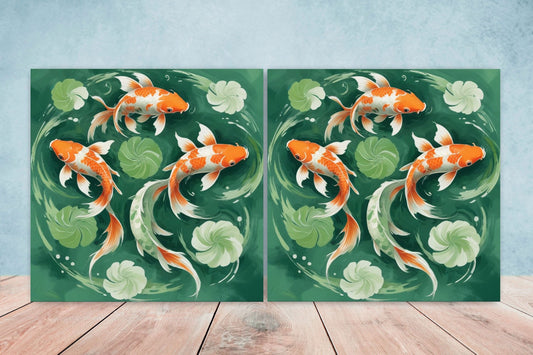 Koi Fish Ceramic Tile - Japanese Tiles -Set of 2 Wall Decor Tiles -Kitchen Backsplash Tiles,Table Decorative Tiles,Bathroom, Coaster
