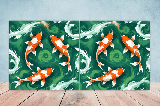 Koi Fish Ceramic Tile - Japanese Tiles -Set of 2 Wall Decor Tiles -Kitchen Backsplash Tiles,Table Decorative Tiles,Bathroom, Coaster