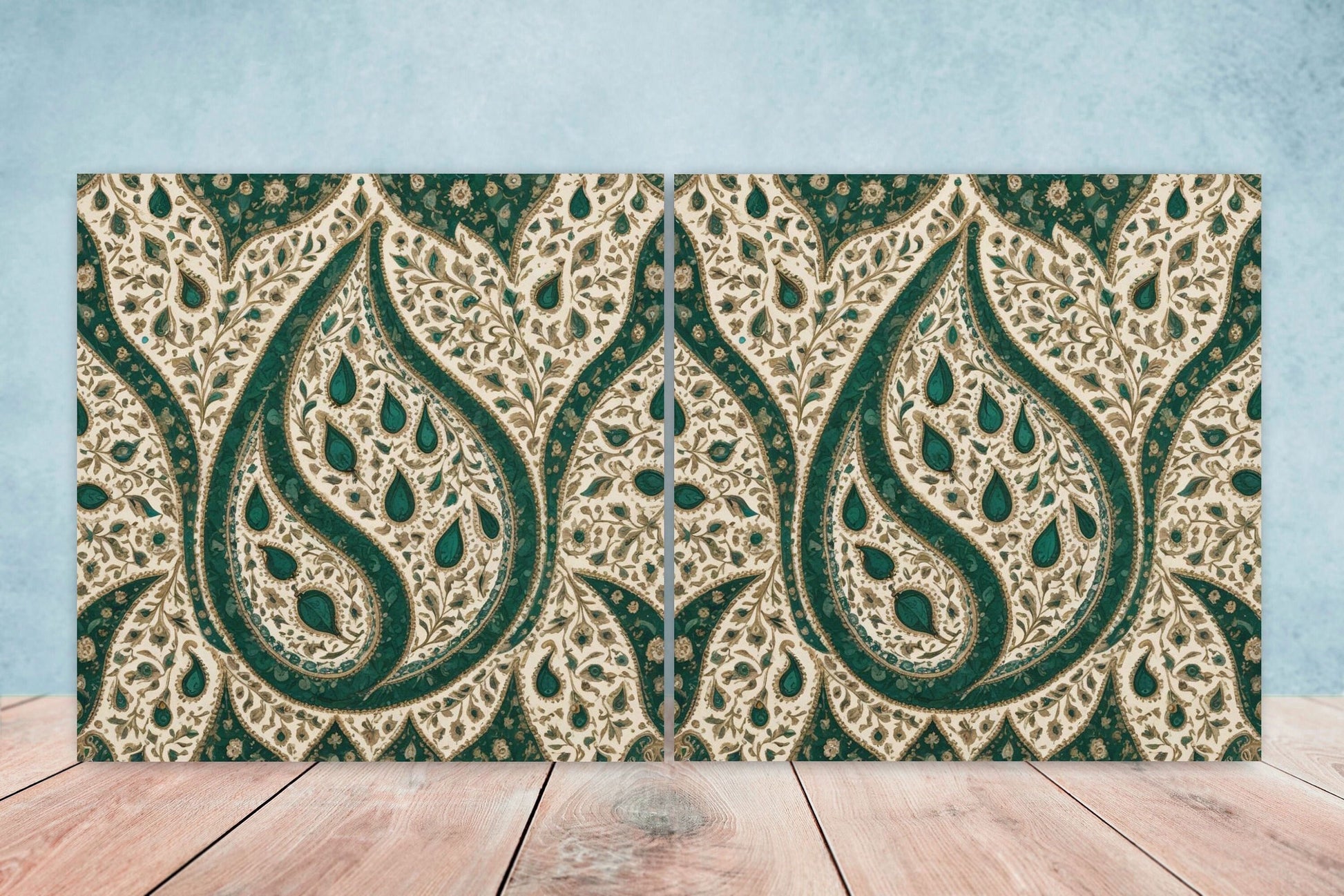 Flower Ceramic Gloss Wall Tiles Set of 2 - Botanical Wall Art Print - Indian Mughal art - Floral Home Decor - Botanical print - Mughal Wall