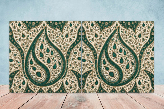 Flower Ceramic Gloss Wall Tiles Set of 2 - Botanical Wall Art Print - Indian Mughal art - Floral Home Decor - Botanical print - Mughal Wall