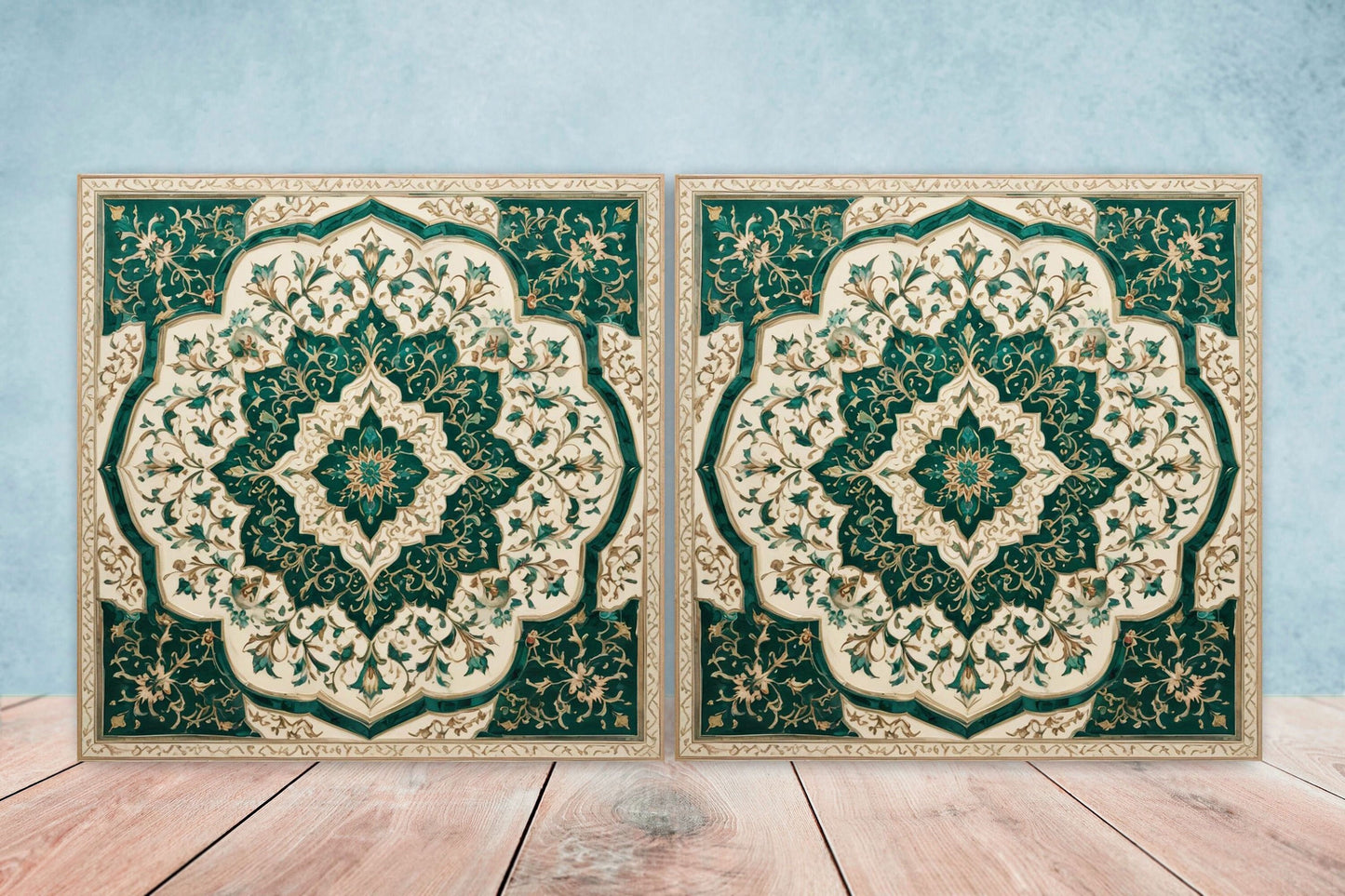 Flower Ceramic Gloss Wall Tiles Set of 2 - Botanical Wall Art Print - Indian Mughal art - Floral Home Decor - Botanical print - Mughal Wall