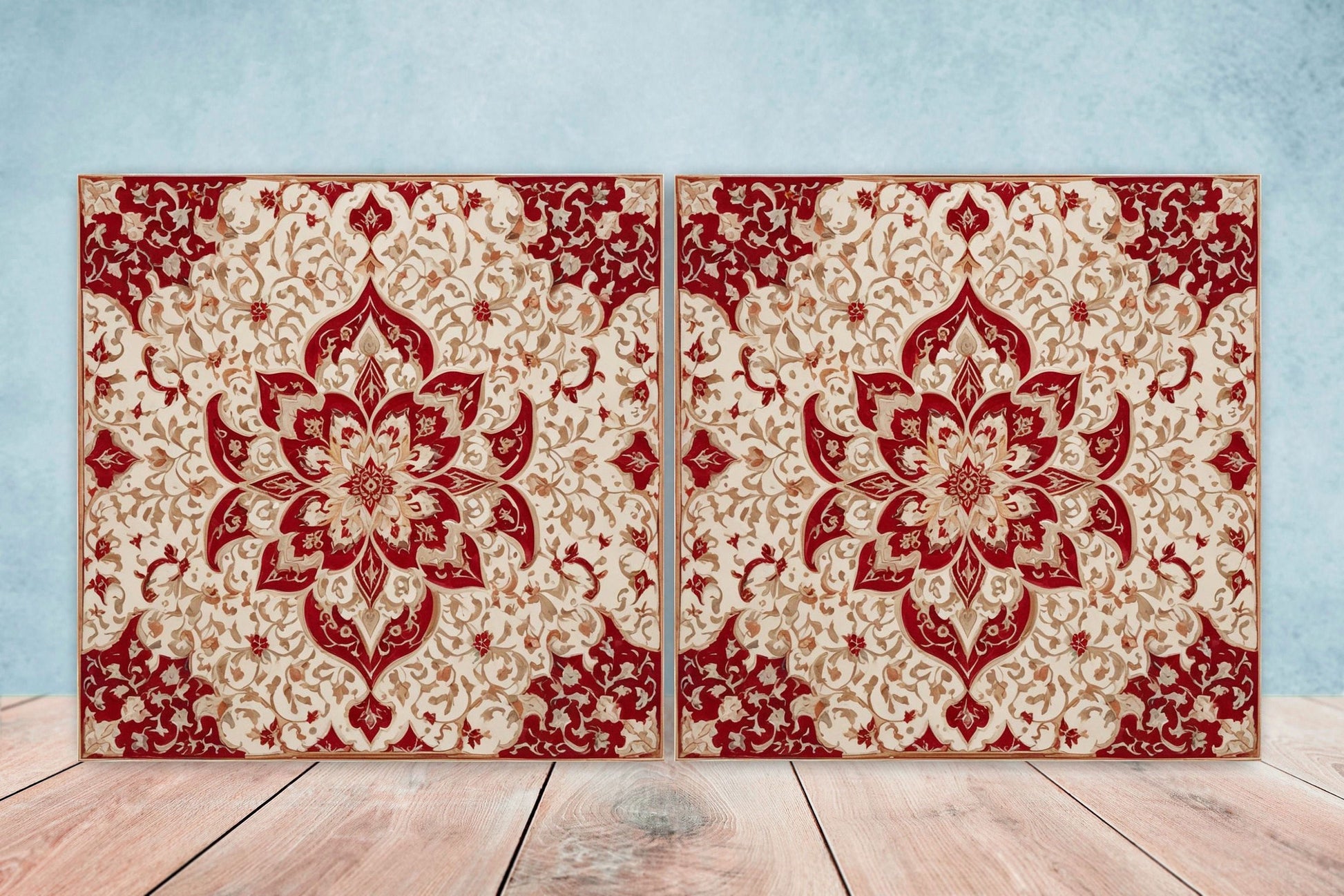 Flower Ceramic Gloss Wall Tiles Set of 2 - Botanical Wall Art Print - Indian Mughal art - Floral Home Decor - Botanical print - Mughal Wall