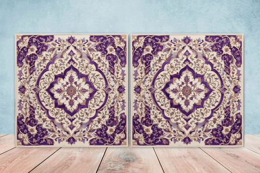 Flower Ceramic Gloss Wall Tiles Set of 2 - Botanical Wall Art Print - Indian Mughal art - Floral Home Decor - Botanical print - Mughal Wall