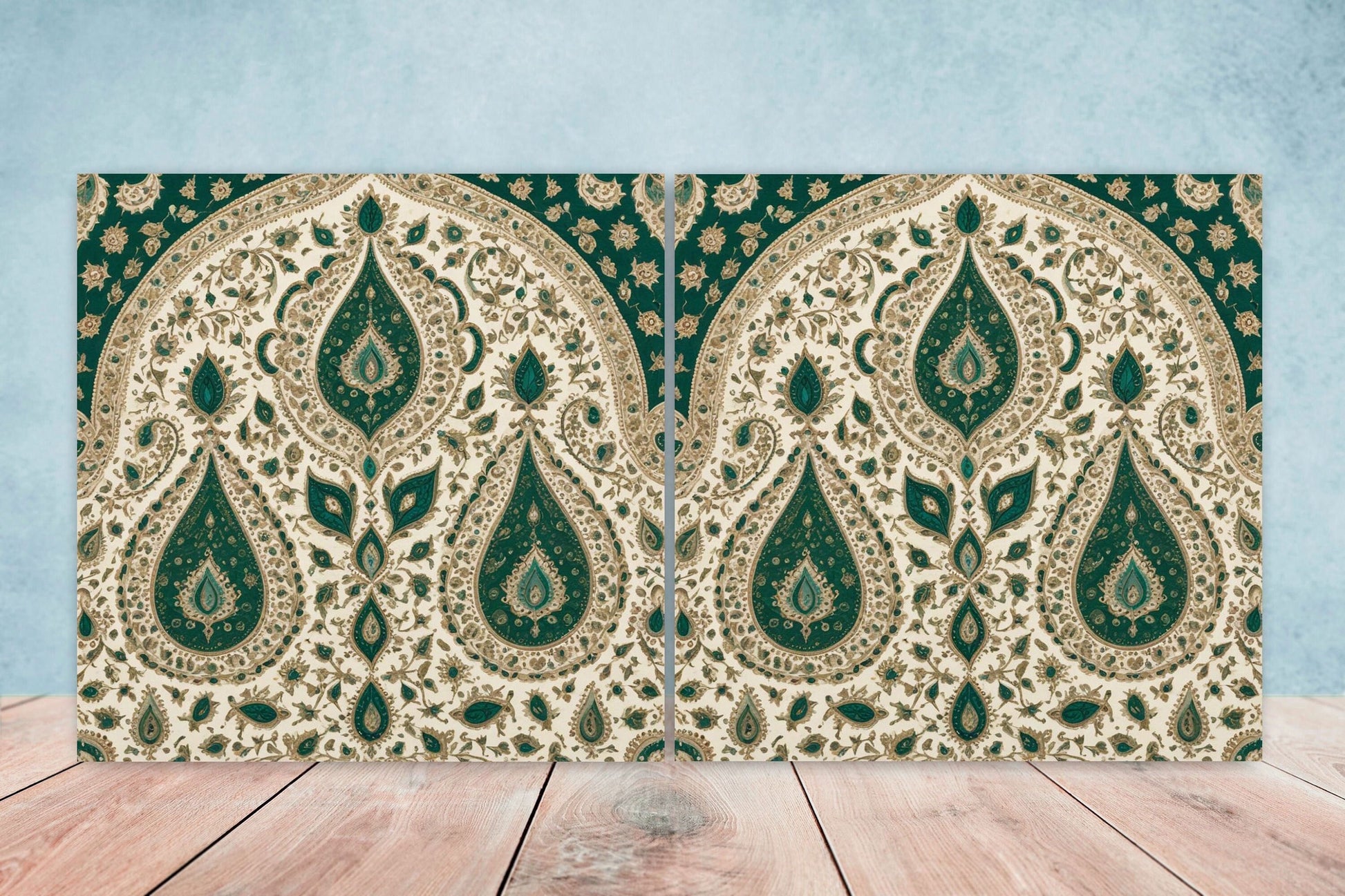 Flower Ceramic Gloss Wall Tiles Set of 2 - Botanical Wall Art Print - Indian Mughal art - Floral Home Decor - Botanical print - Mughal Wall