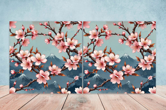 Cherry Blossom Ceramic Tiles Japanese Flower Design - Set of 2 Wall Décor Tiles - Kitchen Backsplash Tiles, Decorative Tiles, Bathroom Tiles