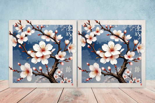 Cherry Blossom Ceramic Tiles Japanese Flower Design - Set of 2 Wall Décor Tiles - Kitchen Backsplash Tiles, Decorative Tiles, Bathroom Tiles