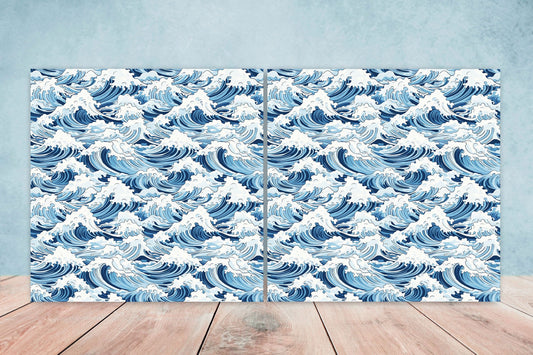 Japanese Wave Ceramic Tiles - Set of 2 Japan Wall Decor Tiles - Kitchen Backsplash Tiles, Table Decorative Tiles, Bathroom Tiles, Coaster