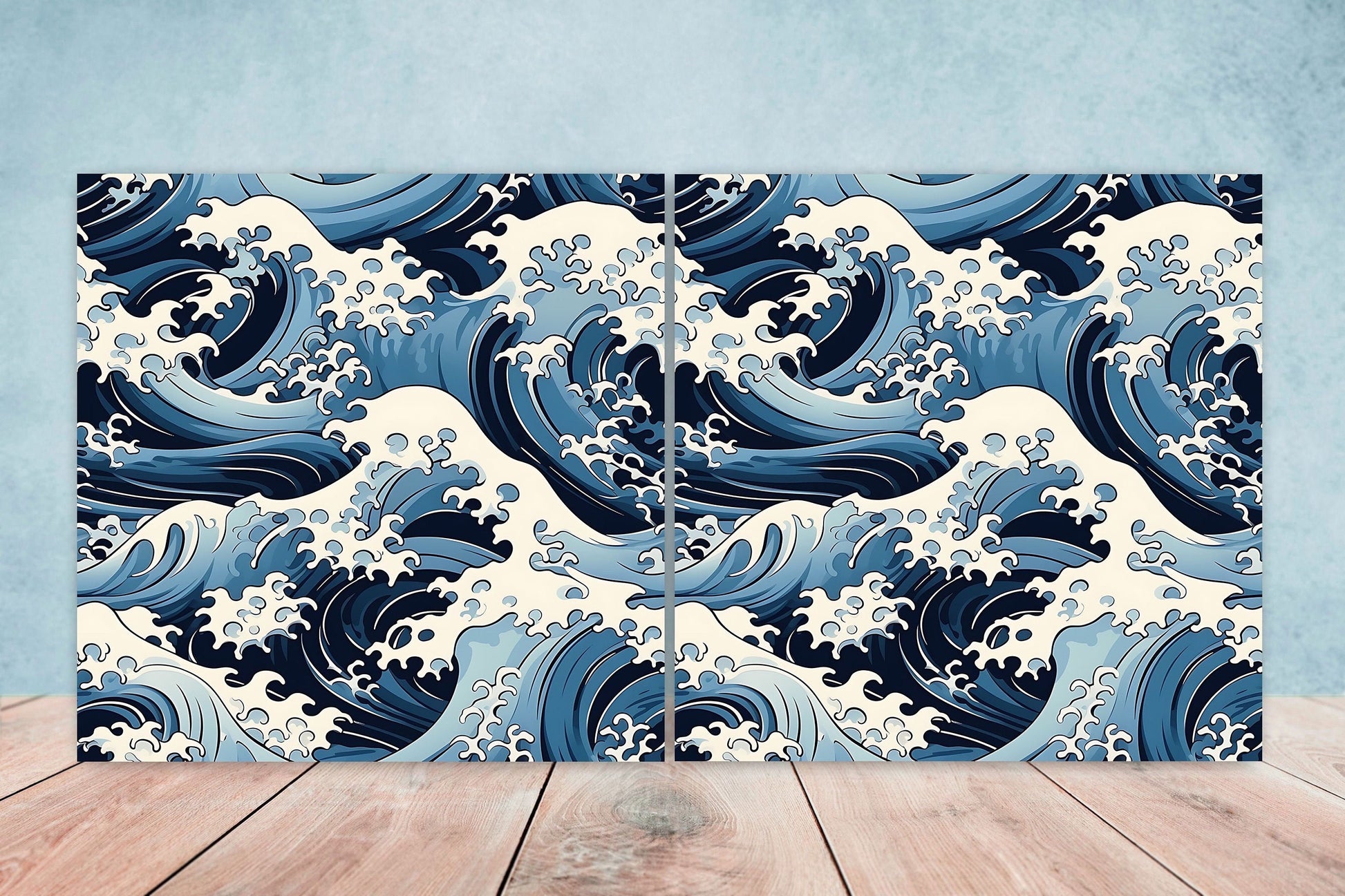 Japanese Wave Ceramic Tiles - Set of 2 Japan Wall Decor Tiles - Kitchen Backsplash Tiles, Table Decorative Tiles, Bathroom Tiles, Coaster