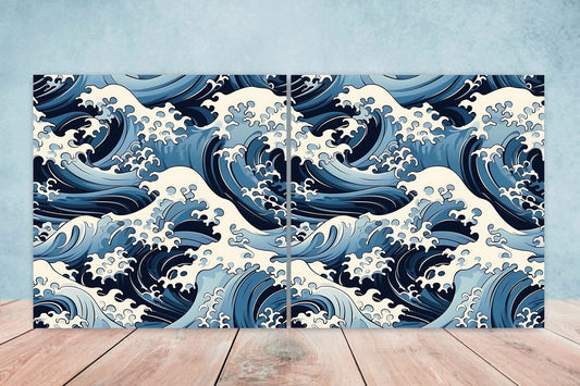 Japanese Wave Ceramic Tiles - Set of 2 Japan Wall Decor Tiles - Kitchen Backsplash Tiles, Table Decorative Tiles, Bathroom Tiles, Coaster