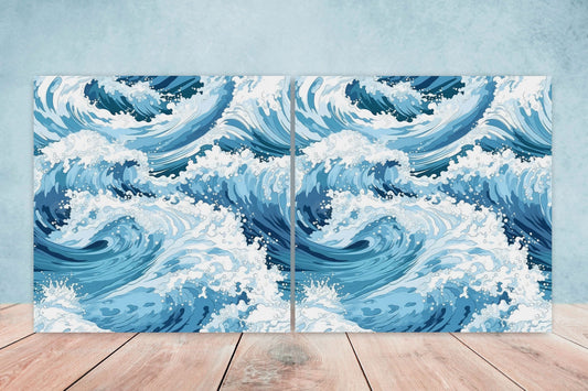 Japanese Wave Ceramic Tiles - Set of 2 Japan Wall Decor Tiles - Kitchen Backsplash Tiles, Table Decorative Tiles, Bathroom Tiles, Coaster