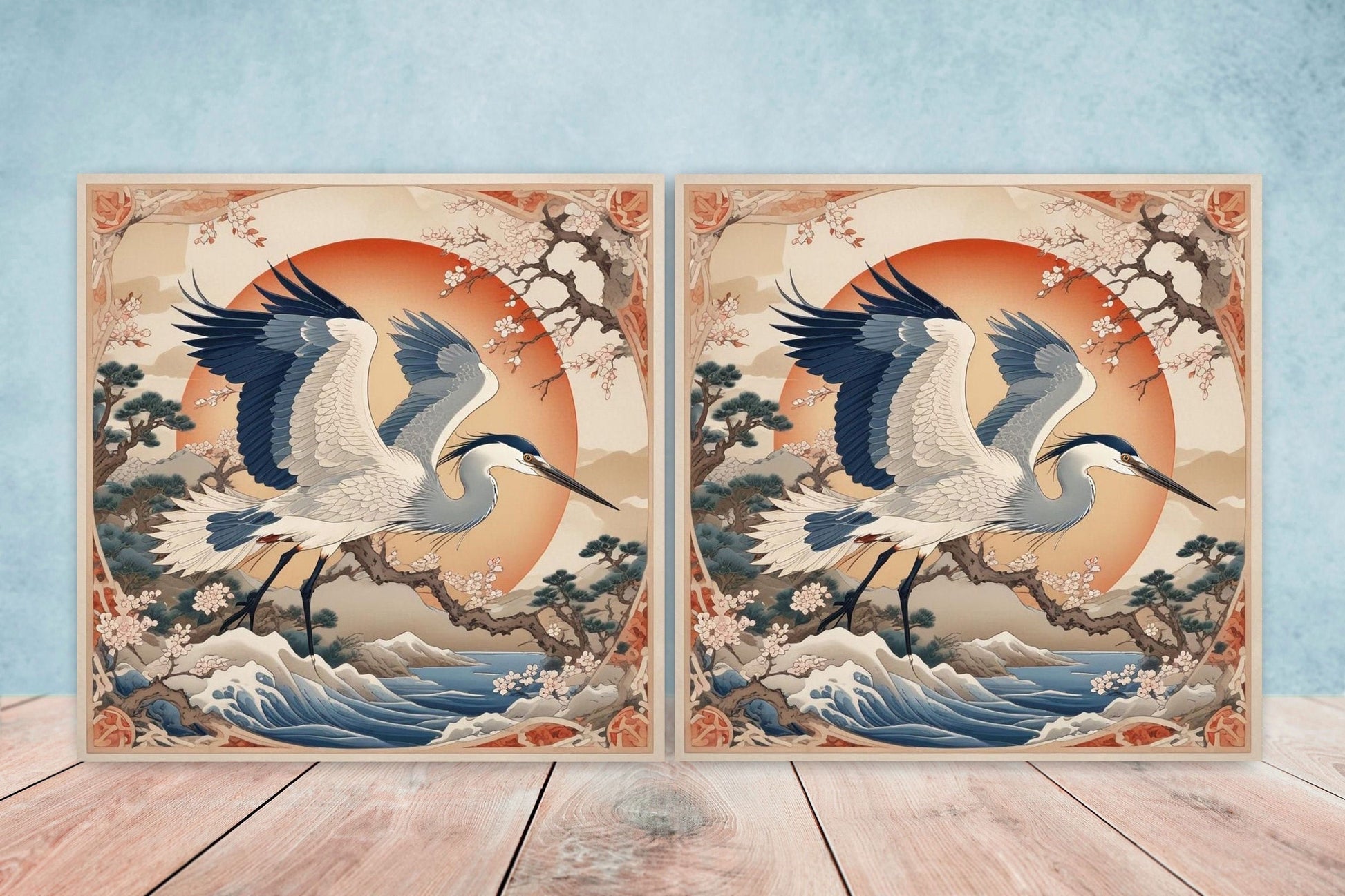 Japanese Ceramic Tiles - Set of 2 Heron Bird Wall Decor Tiles - Kitchen Backsplash Tiles, Table Decorative Tiles, Bathroom Tiles, Coaster