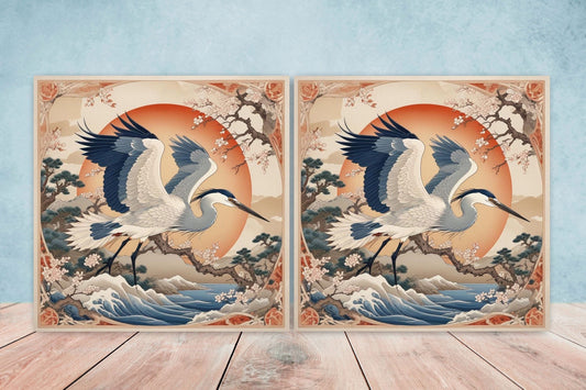 Japanese Ceramic Tiles - Set of 2 Heron Bird Wall Decor Tiles - Kitchen Backsplash Tiles, Table Decorative Tiles, Bathroom Tiles, Coaster