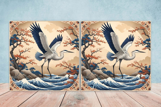 Japanese Ceramic Tiles - Set of 2 Heron Bird Wall Decor Tiles - Kitchen Backsplash Tiles, Table Decorative Tiles, Bathroom Tiles, Coaster