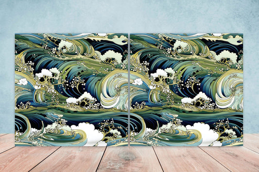 Japanese Wave Ceramic Tiles - Set of 2 Japan Wall Decor Tiles - Kitchen Backsplash Tiles, Table Decorative Tiles, Bathroom Tiles, Coaster