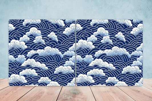 Japanese Wave Ceramic Tiles - Set of 2 Japan Wall Decor Tiles - Kitchen Backsplash Tiles, Table Decorative Tiles, Bathroom Tiles, Coaster