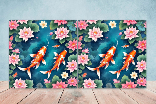 Koi Fish Ceramic Tile - Japanese Tiles -Set of 2 Wall Decor Tiles -Kitchen Backsplash Tiles,Table Decorative Tiles,Bathroom, Coaster