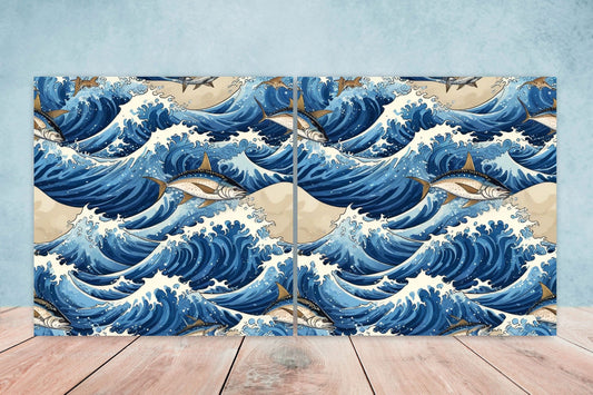 Carp Fish Ceramic Tile - Japanese Wave Tiles -Set of 2 Wall Decor Tiles -Kitchen Backsplash Tiles,Table Decorative Tiles,Bathroom, Coaster