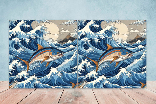 Carp Fish Ceramic Tile - Japanese Wave Tiles -Set of 2 Wall Decor Tiles -Kitchen Backsplash Tiles,Table Decorative Tiles,Bathroom, Coaster
