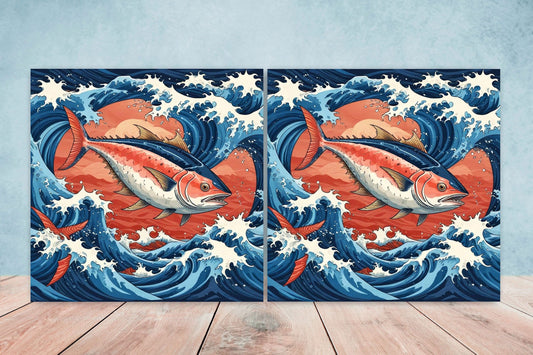 Carp Fish Ceramic Tile - Japanese Wave Tiles -Set of 2 Wall Decor Tiles -Kitchen Backsplash Tiles,Table Decorative Tiles,Bathroom, Coaster