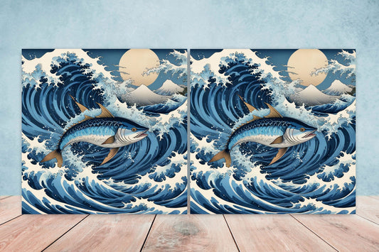 Carp Fish Ceramic Tile - Japanese Wave Tiles -Set of 2 Wall Decor Tiles -Kitchen Backsplash Tiles,Table Decorative Tiles,Bathroom, Coaster